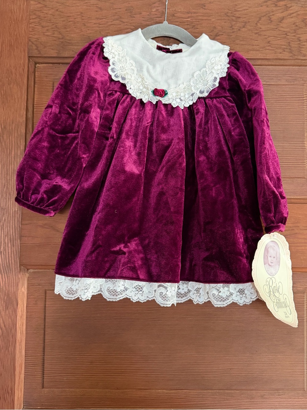 NWT Vintage Rare Editions Burgundy Velvet Lace-Trim Holiday Dress Size 24M